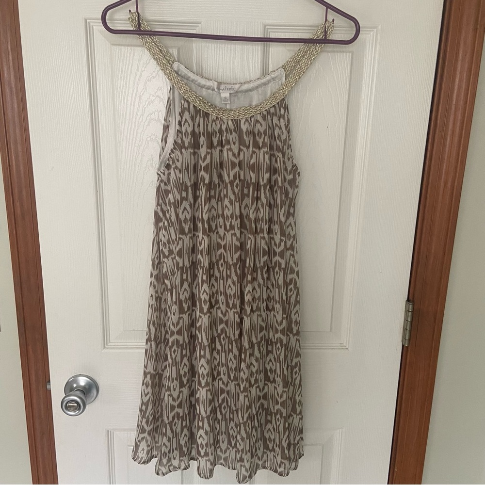 Charming Charlie gold braid neckline tribal print chiffon dress size S VGC